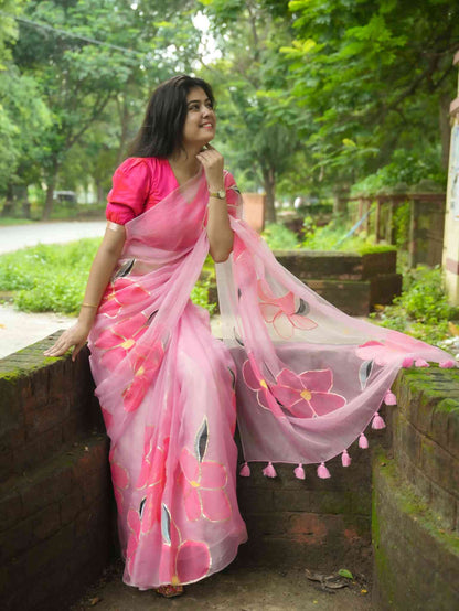 Carrot Pink Organza Saree Gotta patti Hand Painted
