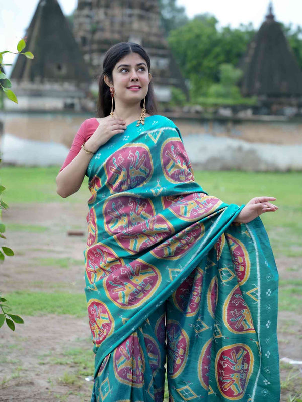 Khandua Silk Saree  (Peacock green with Peacock motif)