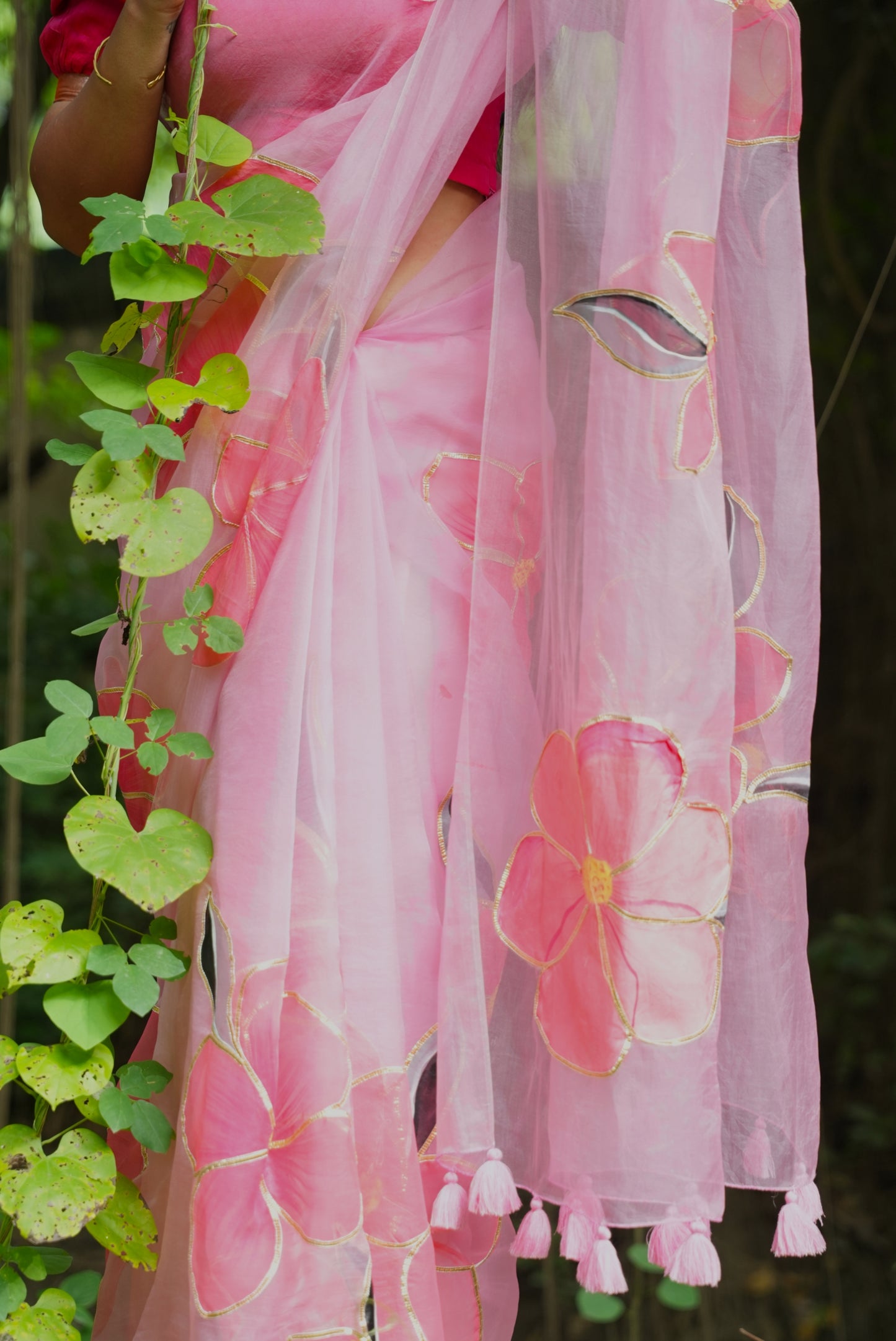 Carrot Pink Organza Saree Gotta patti Hand Painted