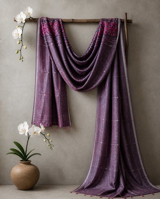 Pure Tussar Silk Dupatta in Dark Mauve | Handwoven Odisha Tie & Dye Dupatta