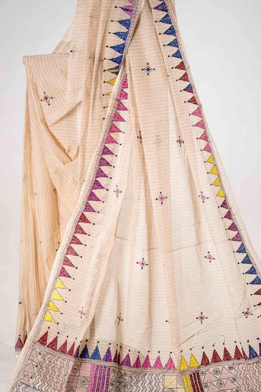 Pure Kantha Cotton Saree with Multicoloured Hand Embroidery - Atulyakarigari