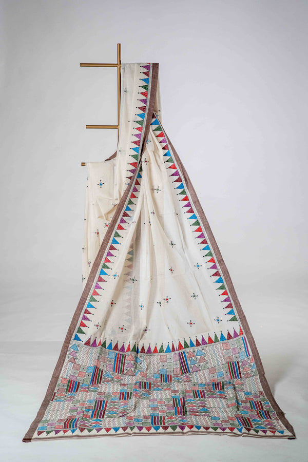 Pure Kantha Cotton Saree with Multicoloured Hand Embroidery