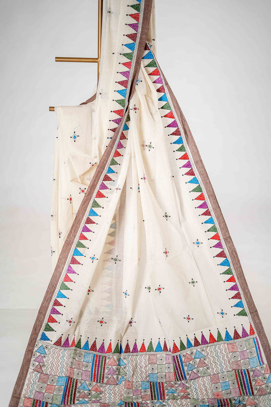 Pure Kantha Cotton Saree with Multicoloured Hand Embroidery - Atulyakarigari