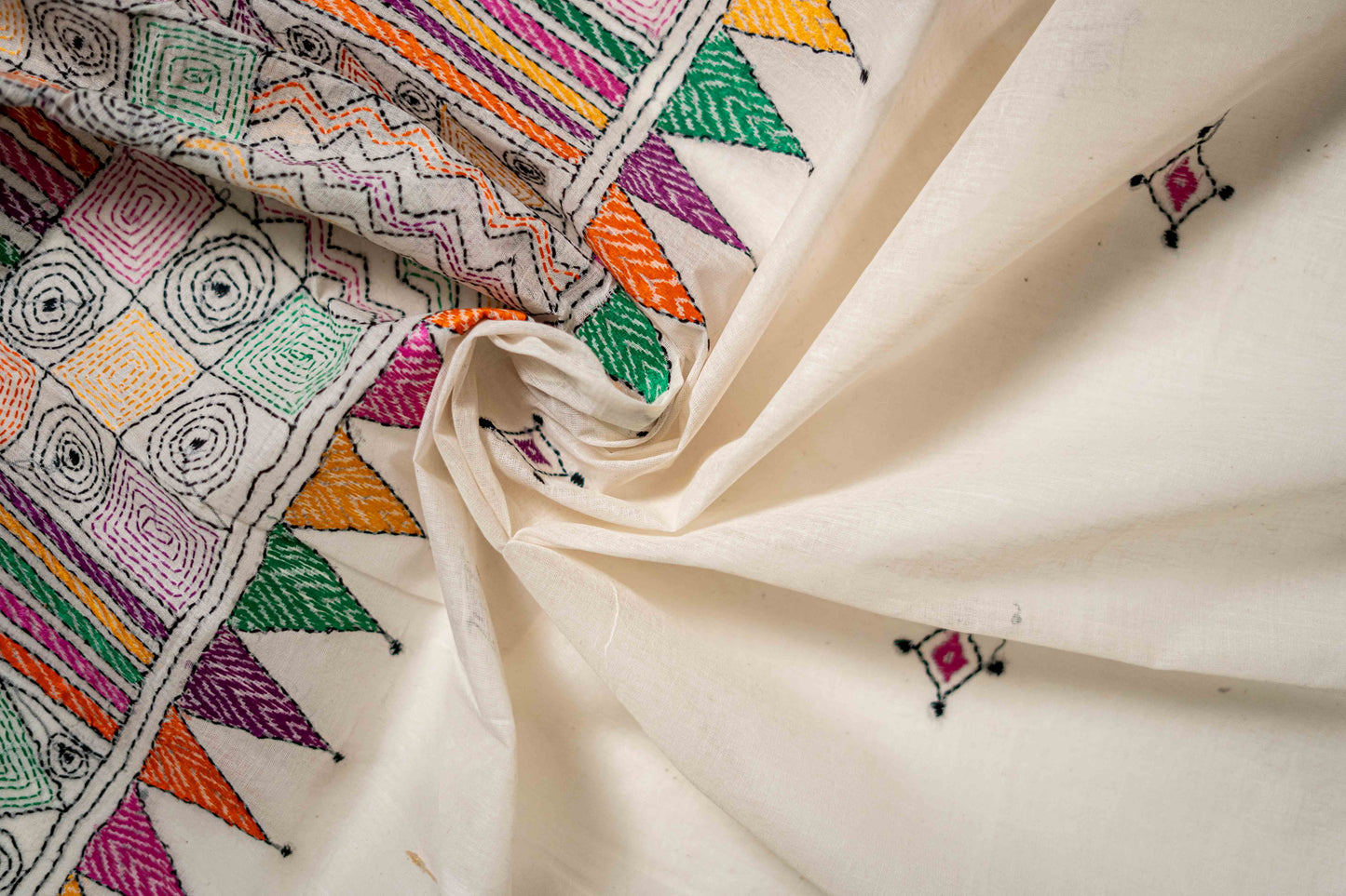 Multicoloured Pure Kantha Cotton Saree - Atulyakarigari
