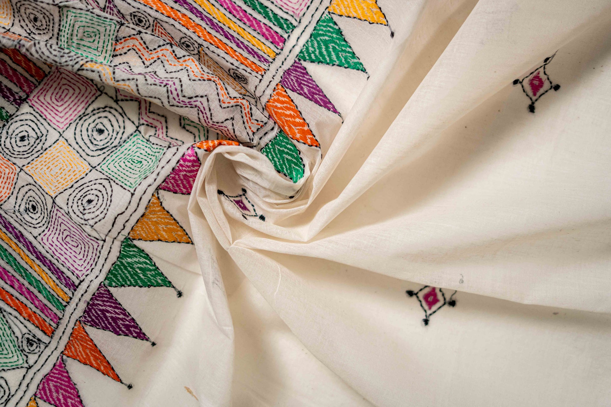 Multicoloured Pure Kantha Cotton Saree - Atulyakarigari