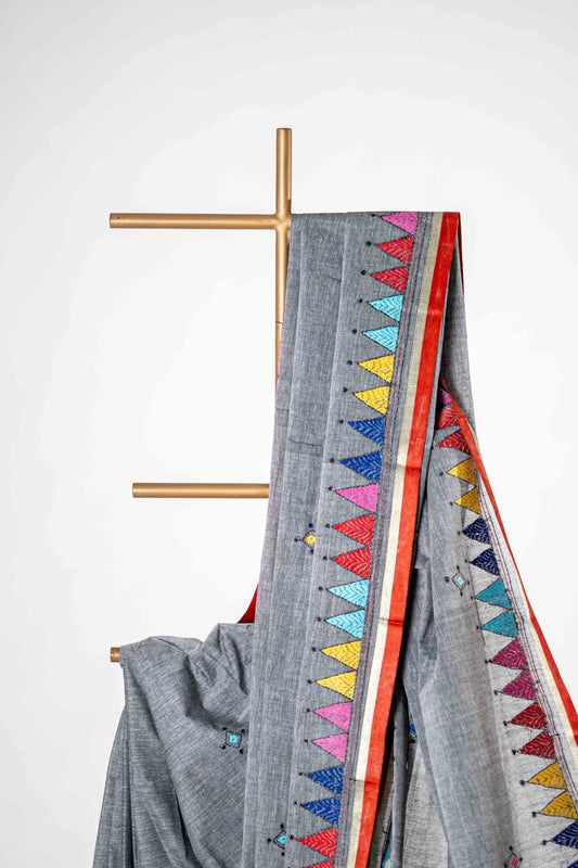 Pure Kantha Cotton Saree with Multicoloured Hand Embroidery - Atulyakarigari