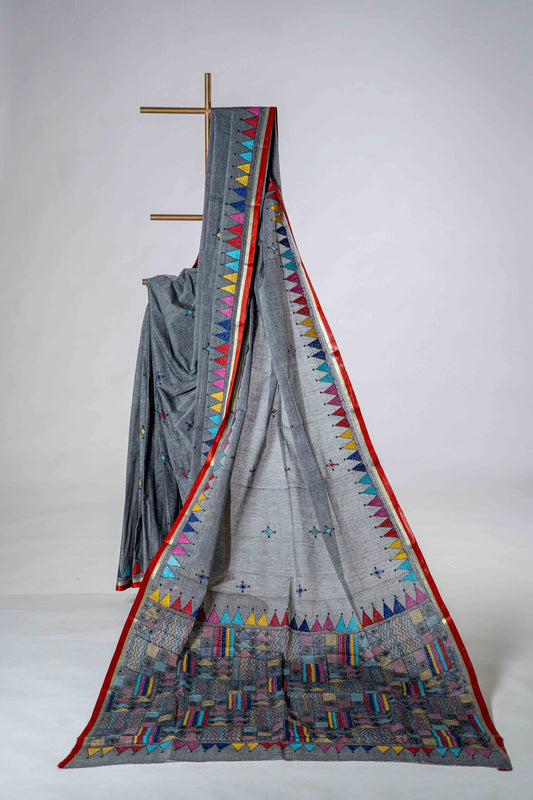 Pure Kantha Cotton Saree with Multicoloured Hand Embroidery