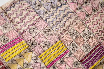 Pure Kantha Cotton Saree with Multicoloured Hand Embroidery