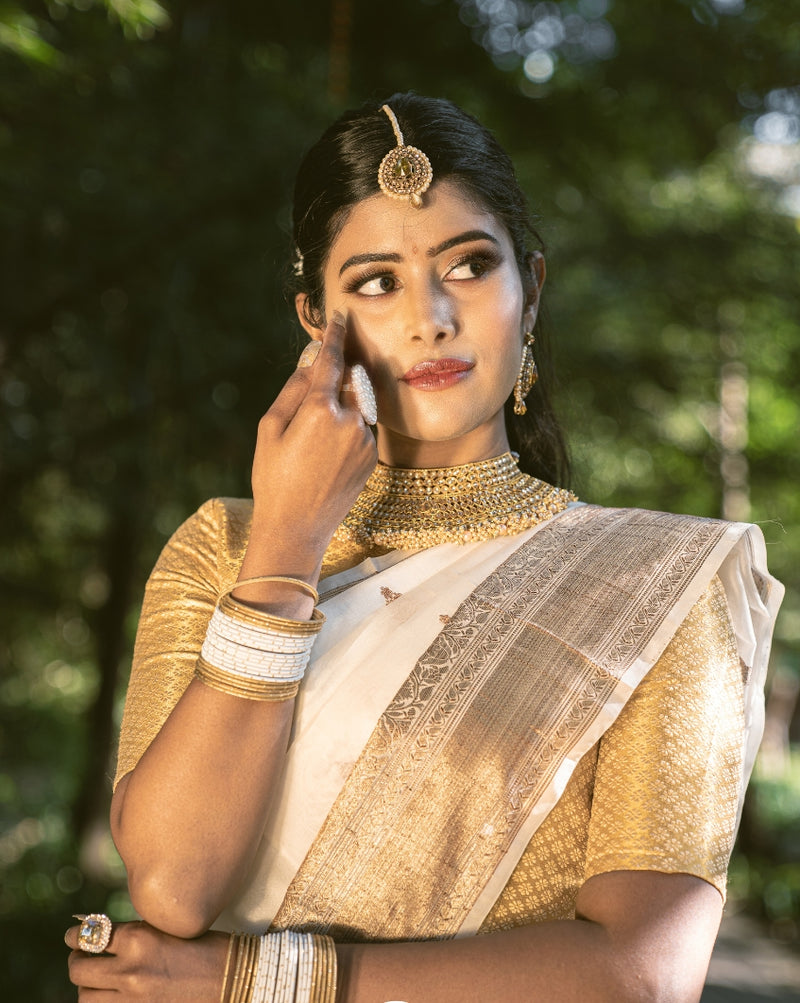 Off-White Katan Banarasi Saree, Bridal Zari
