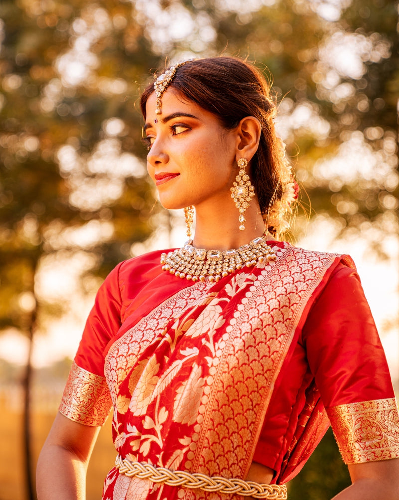 Red Khaddi Banarasi Silk Saree, Bridal