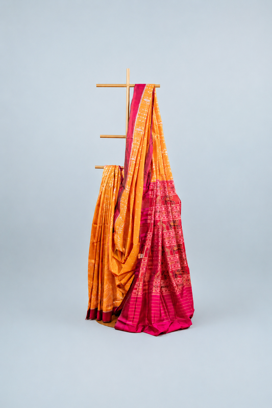 Amber Yellow Khandua Silk Saree with Saura Tribal Ikat Motifs | Odisha Handloom