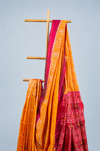 Amber Yellow Khandua Silk Saree with Saura Tribal Ikat Motifs | Odisha Handloom