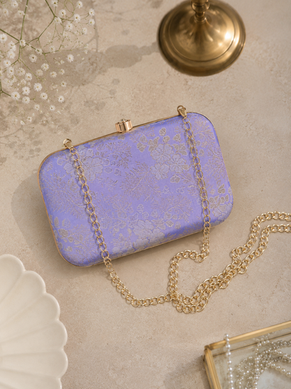 Lavender Floral Brocade Clutch Bag for Women with Chain | Satin Finish Evening Purse