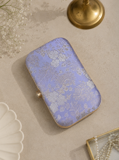 Lavender Floral Brocade Clutch Bag for Women with Chain | Satin Finish Evening Purse