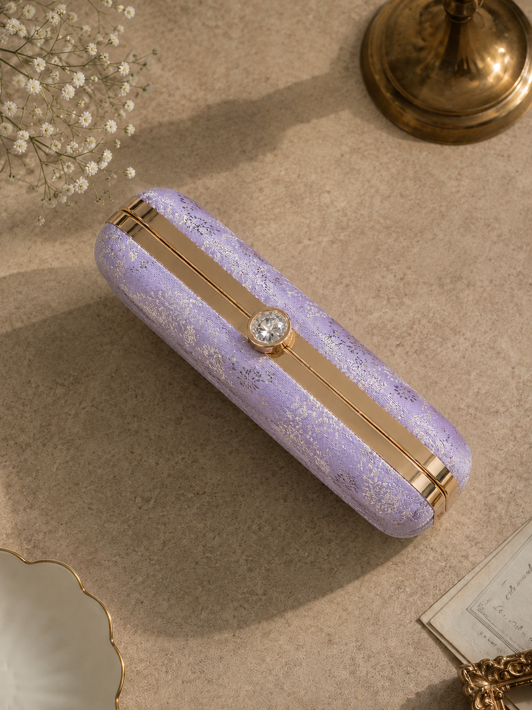Lavender Floral Brocade Clutch Bag for Women with Chain | Satin Finish Evening Purse