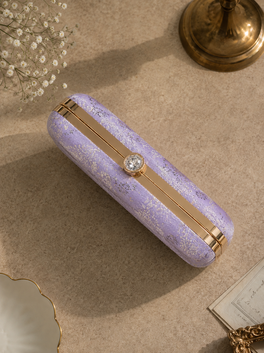 Lavender Floral Brocade Clutch Bag for Women with Chain | Satin Finish Evening Purse