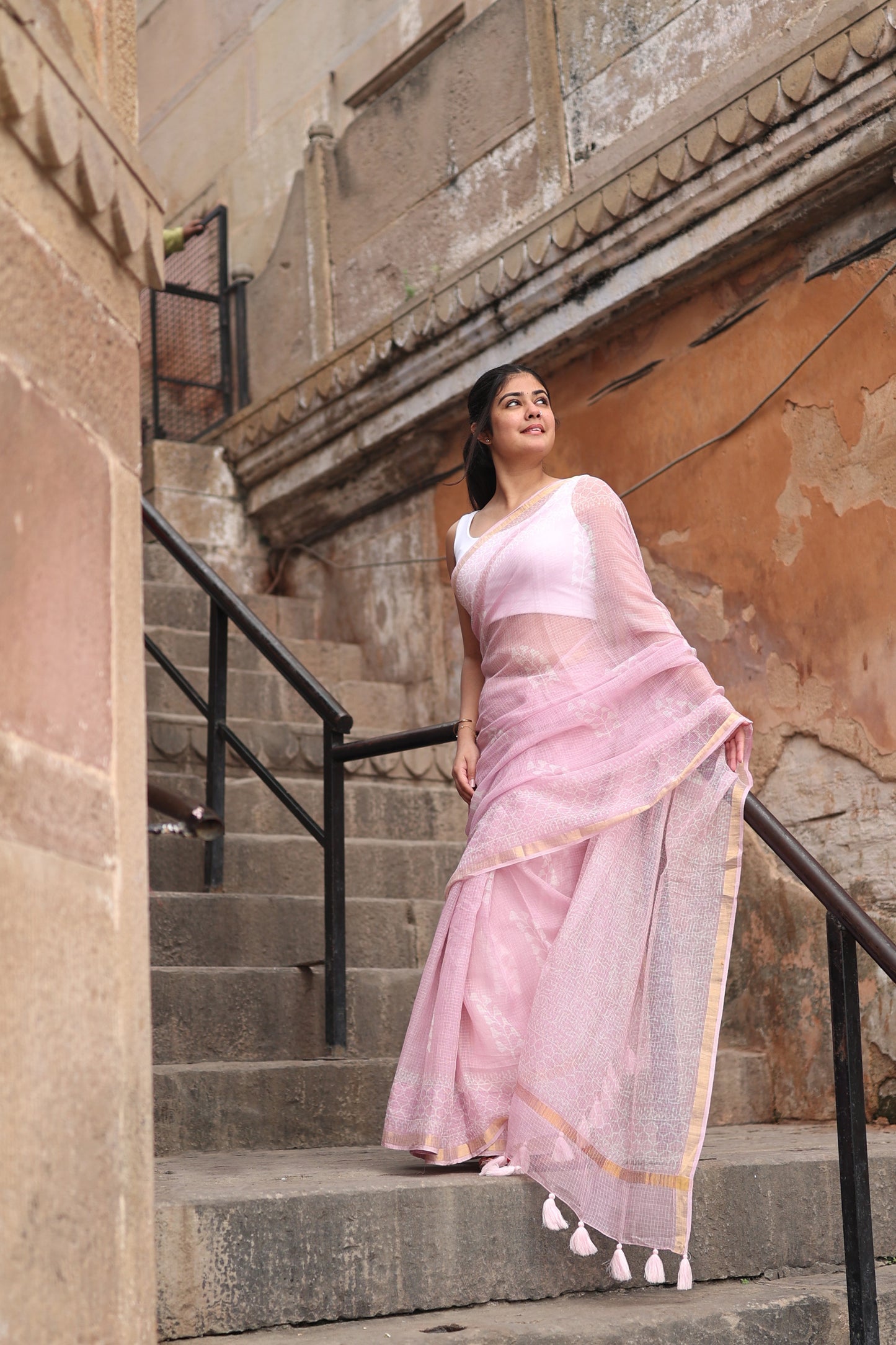 Pink Bagru Kota Doria Cotton Saree, Block Print
