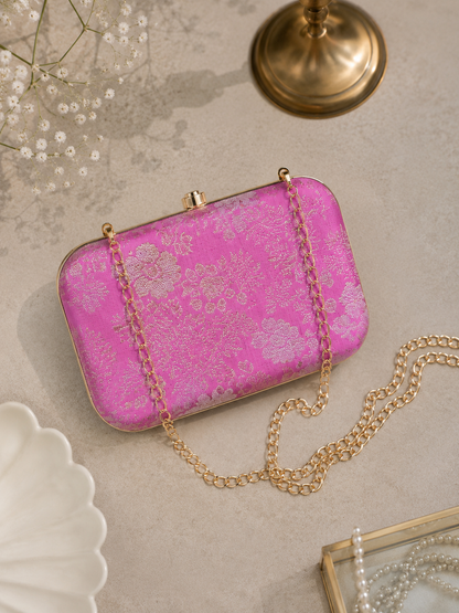 Fuchsia Pink Brocade Clutch Bag for Women with Chain | Satin Finish Evening Purse