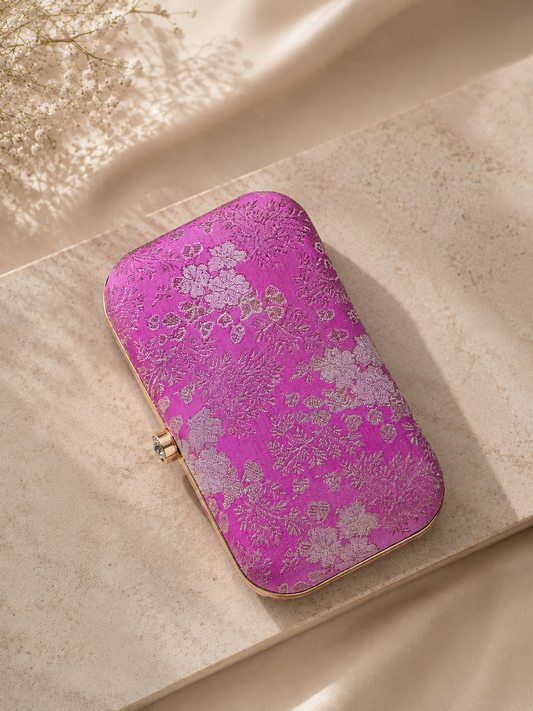Fuchsia Pink Brocade Clutch Bag for Women with Chain | Satin Finish Evening Purse