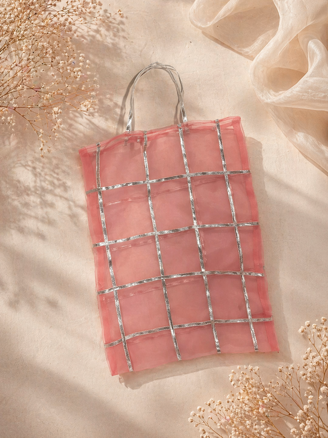 Elegant Pink Organza Potli Bag with Pearl Grid Detailing for Festive & Wedding Wear
