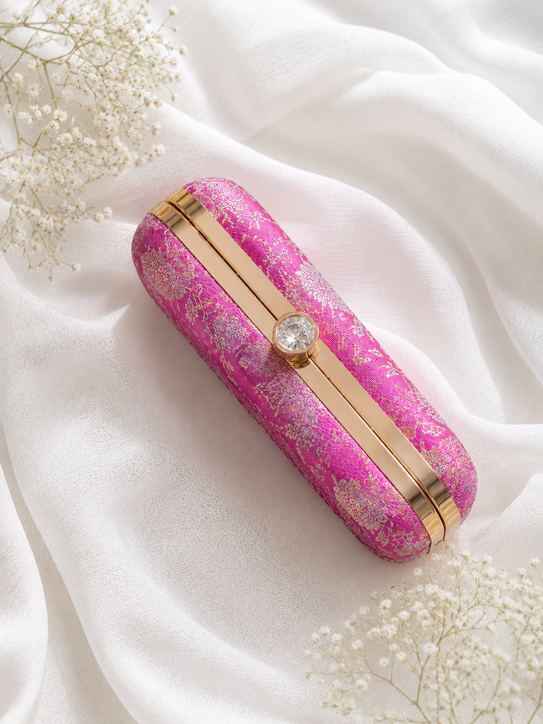 Fuchsia Pink Brocade Clutch Bag for Women with Chain | Satin Finish Evening Purse
