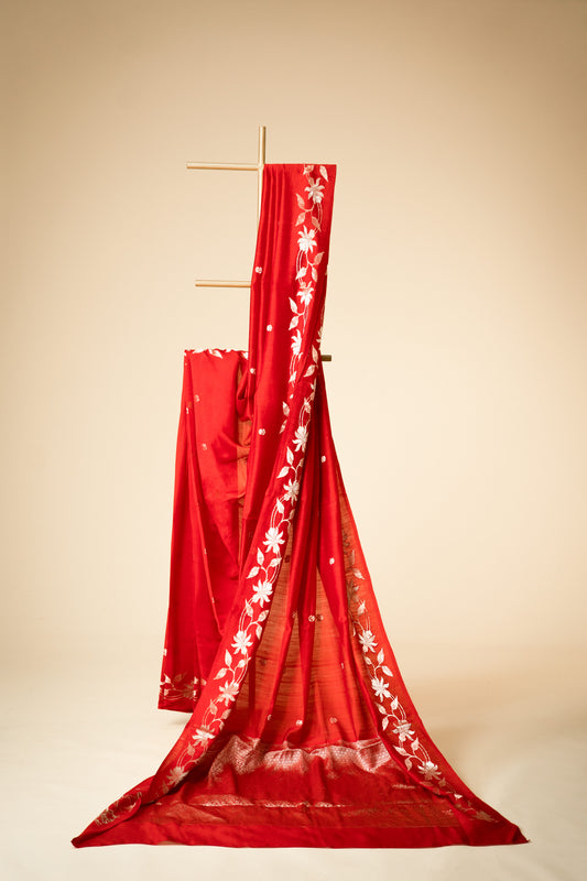 Red Banarsi Cotton Silk Saree – Small Booti with Border
