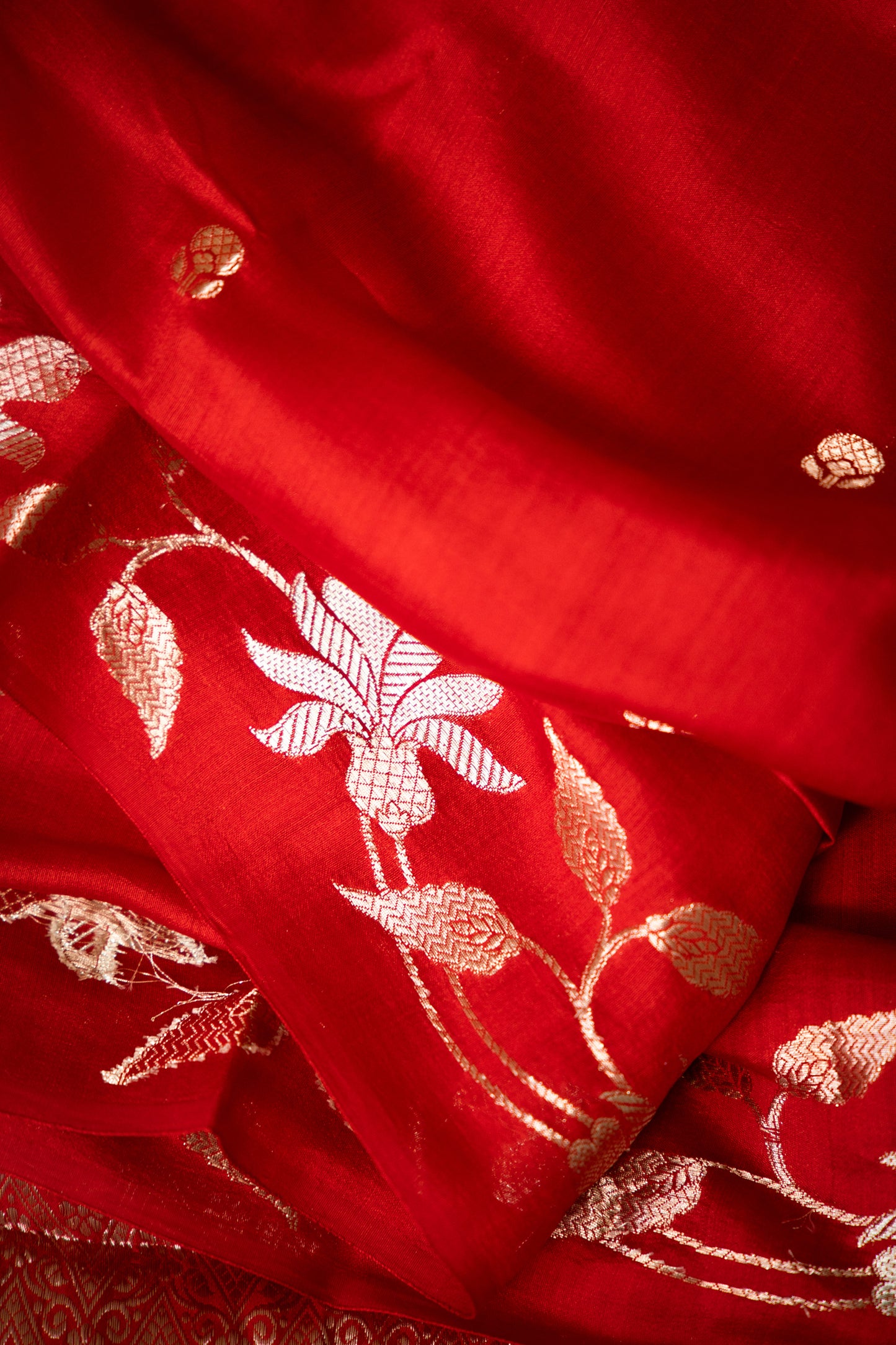 Red Banarsi Cotton Silk Saree – Small Booti with Border