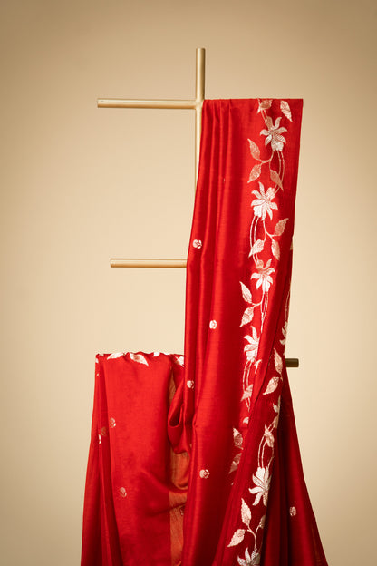 Red Banarsi Cotton Silk Saree – Small Booti with Border