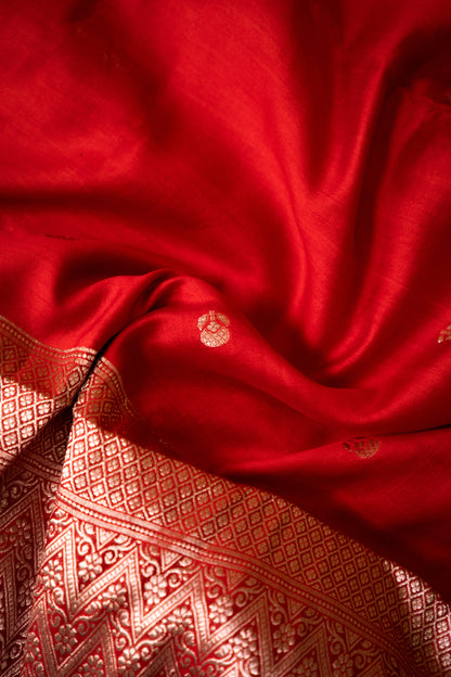 Red Banarsi Cotton Silk Saree – Small Booti with Border