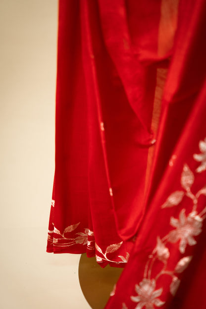 Red Banarsi Cotton Silk Saree – Small Booti with Border