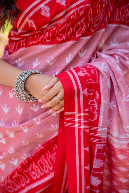 Red and white sambhalpuri cotton saree - ATulya karigari