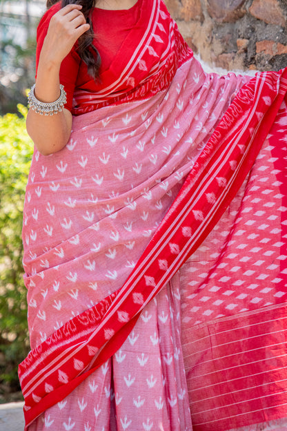 Red and white sambhalpuri cotton saree - Atulya karigari