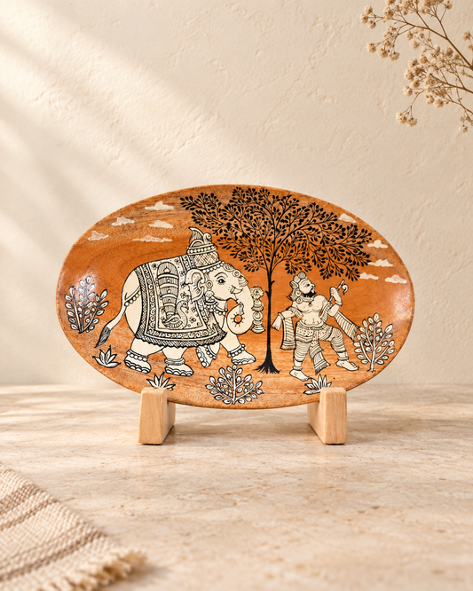 Royal Elephant with Traditional Attendant | Pattachitra painting plate