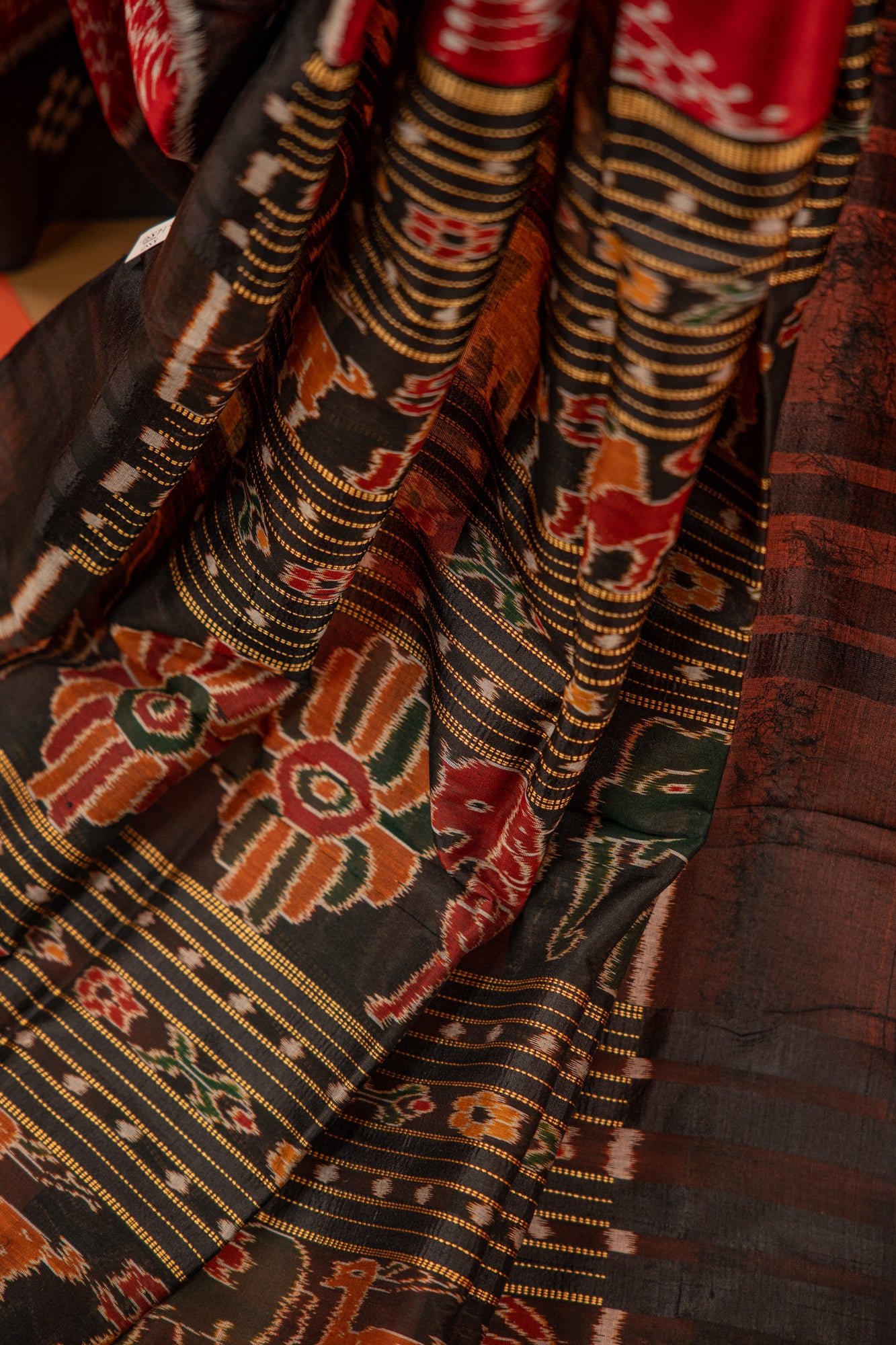 Crimson Red Khandua Silk Saree with Temple Ikat Motifs | Odisha Handloom