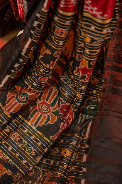 Crimson Red Khandua Silk Saree with Temple Ikat Motifs | Odisha Handloom