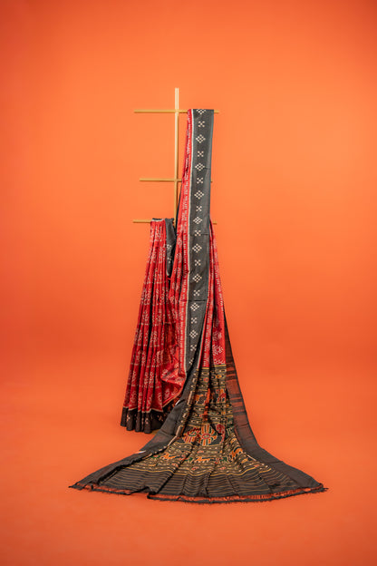 Crimson Red Khandua Silk Saree with Temple Ikat Motifs | Odisha Handloom