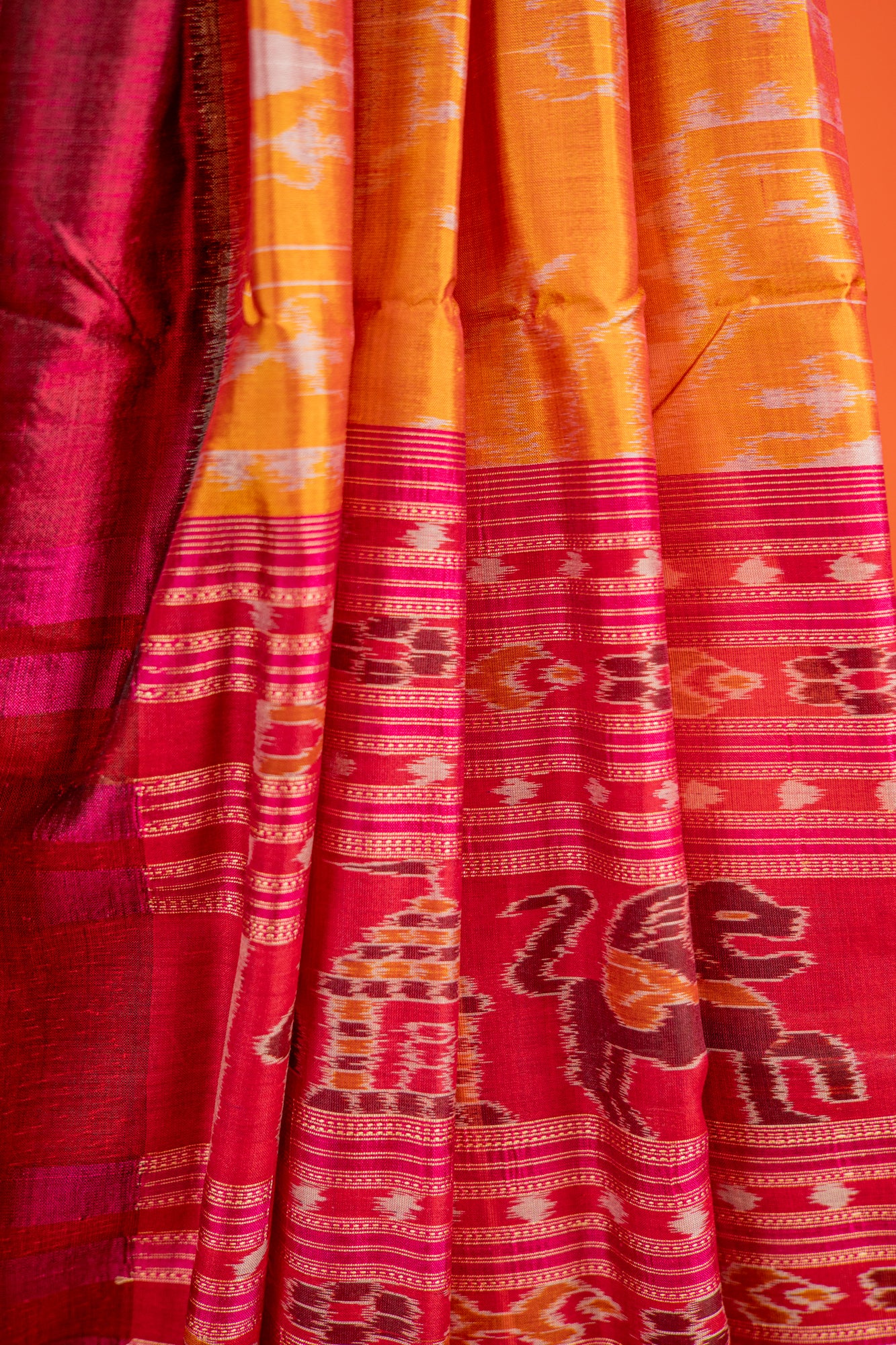 Amber Yellow Khandua Silk Saree with Saura Tribal Ikat Motifs | Odisha Handloom