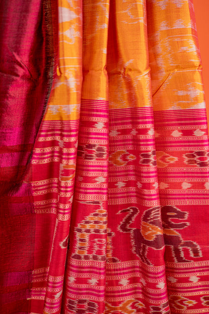 Amber Yellow Khandua Silk Saree with Saura Tribal Ikat Motifs | Odisha Handloom