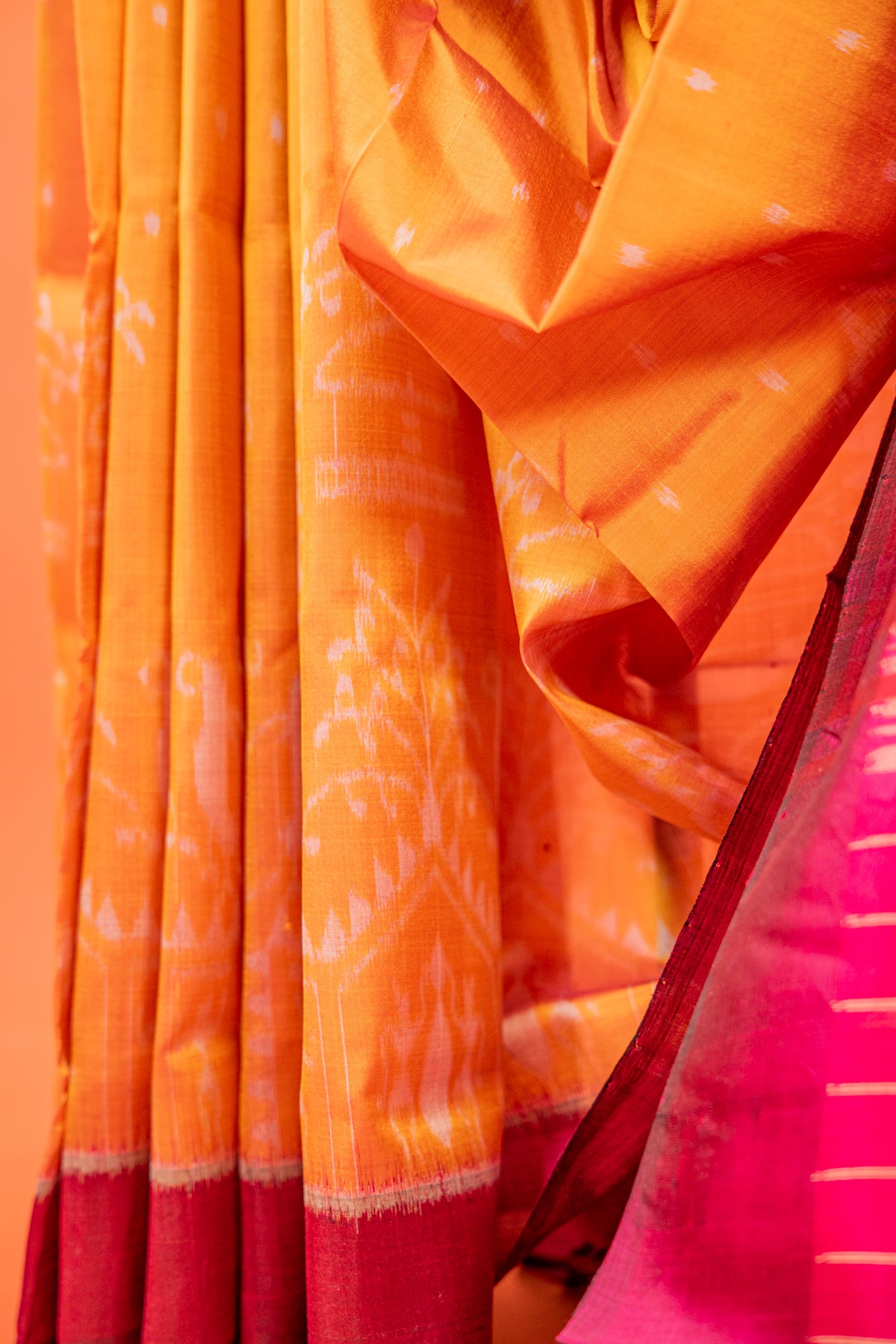 Amber Yellow Khandua Silk Saree with Saura Tribal Ikat Motifs | Odisha Handloom