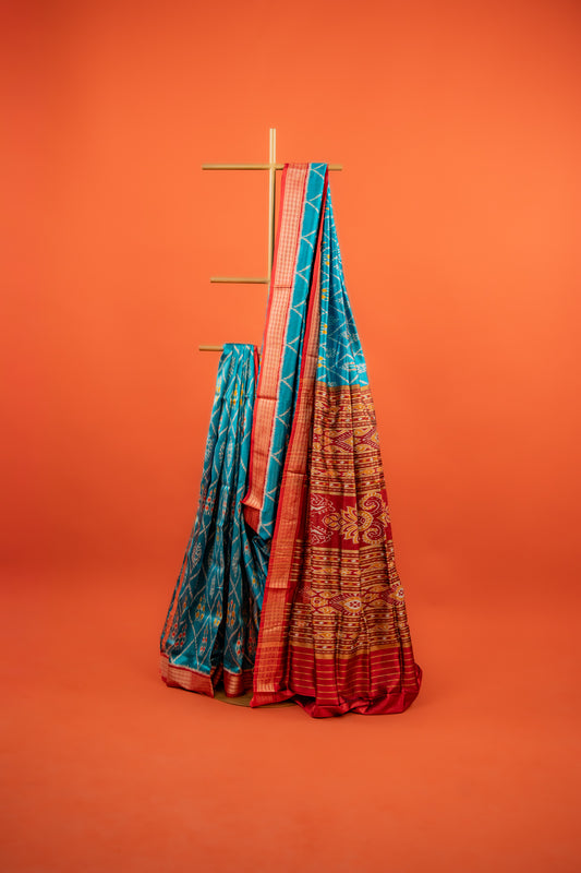 Cerulean Blue Khandua Silk Saree with Floral Ikat Lattice | Odisha Handloom