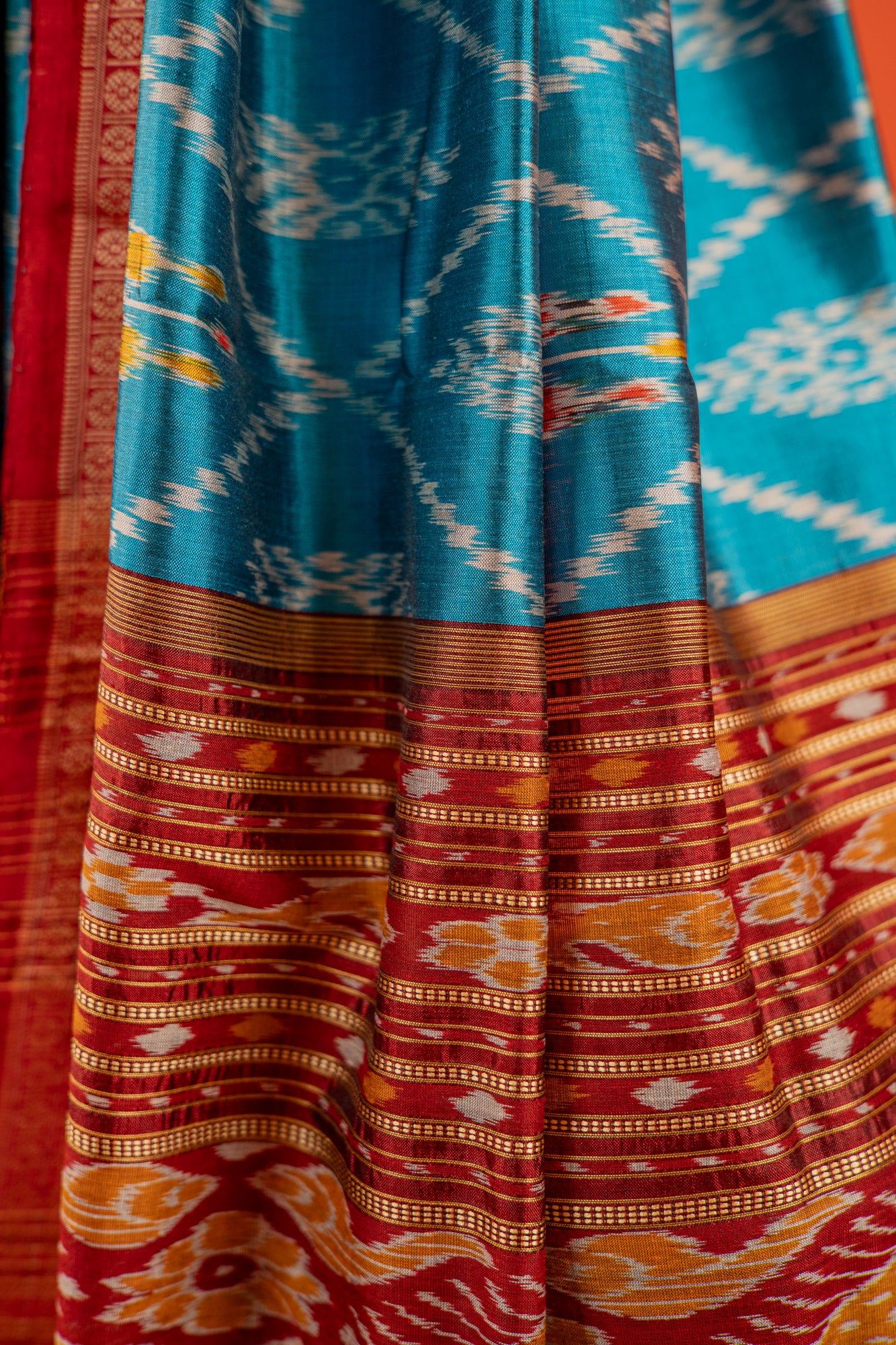 Cerulean Blue Khandua Silk Saree with Floral Ikat Lattice | Odisha Handloom