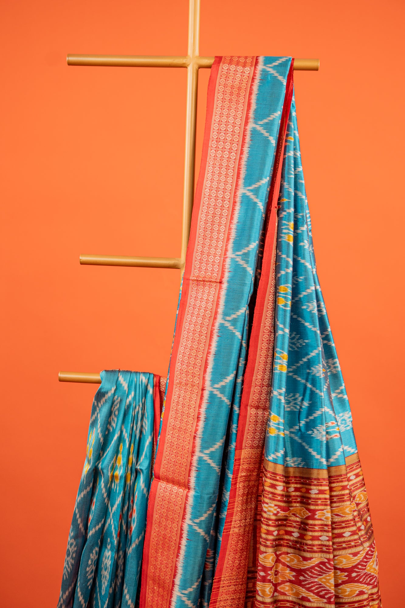 Cerulean Blue Khandua Silk Saree with Floral Ikat Lattice | Odisha Handloom