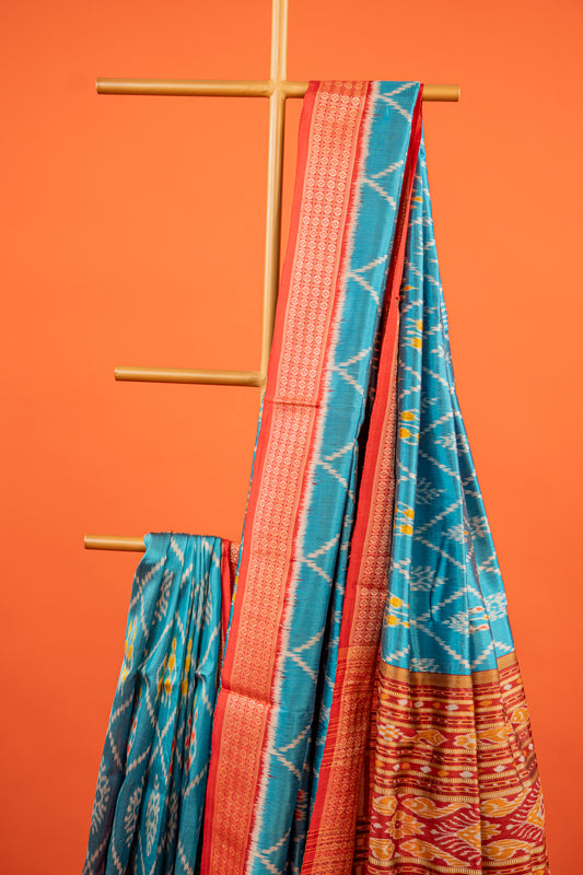 Cerulean Blue Khandua Silk Saree with Floral Ikat Lattice | Odisha Handloom