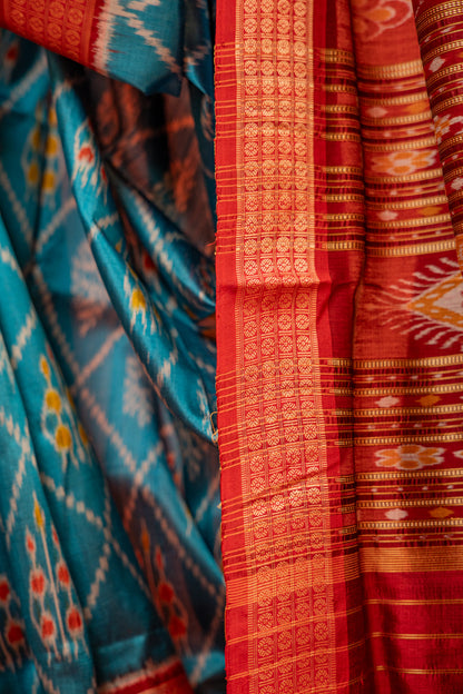 Cerulean Blue Khandua Silk Saree with Floral Ikat Lattice | Odisha Handloom