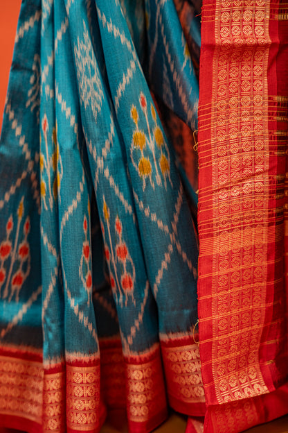 Cerulean Blue Khandua Silk Saree with Floral Ikat Lattice | Odisha Handloom