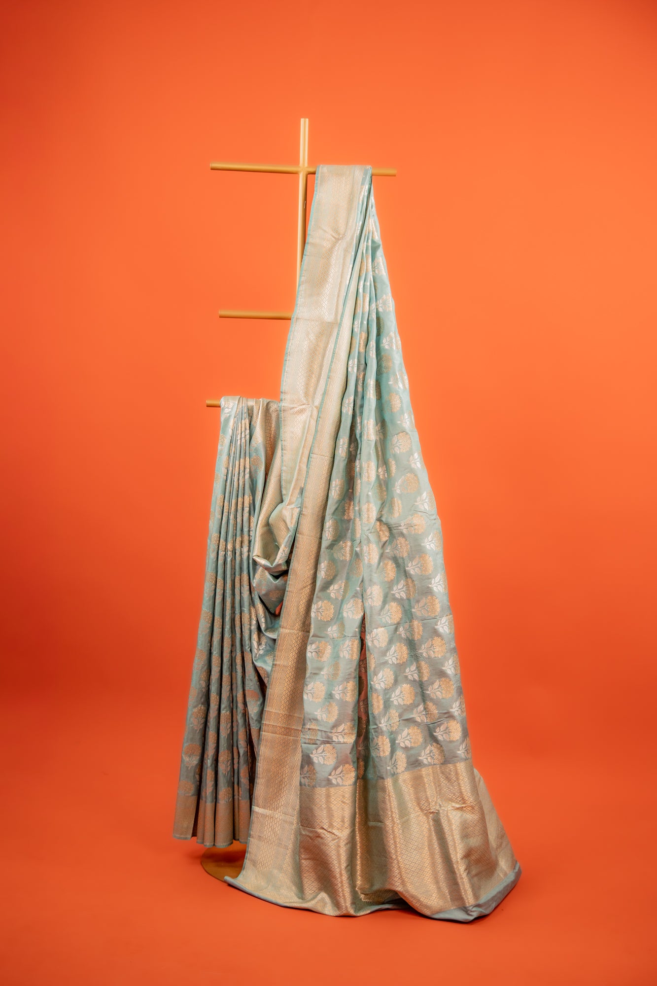 Ice Blue Pure Katan Banarasi Silk Saree with Bird Motif & Traditional Border