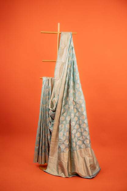 Ice Blue Pure Katan Banarasi Silk Saree with Bird Motif & Traditional Border