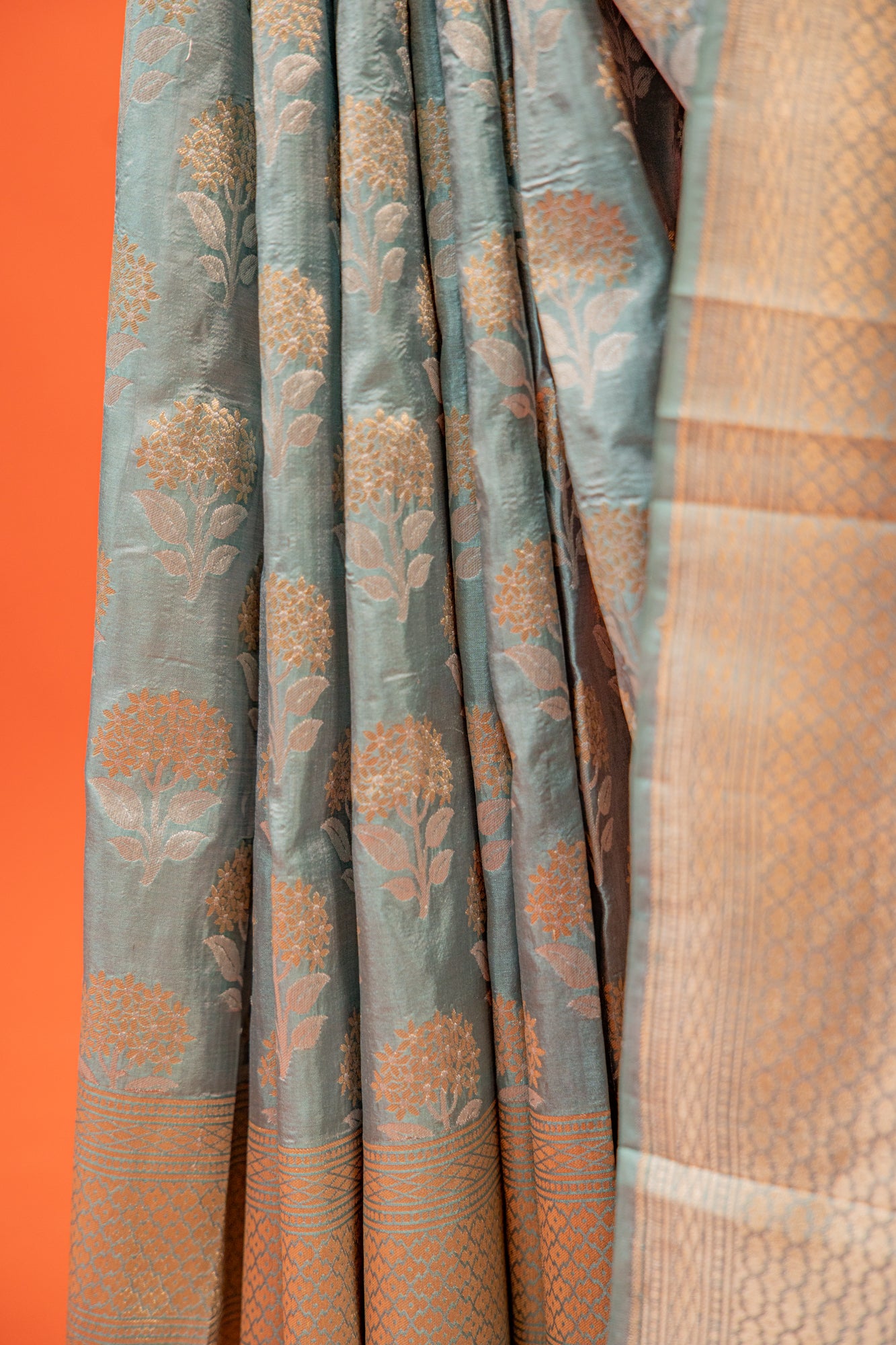 Ice Blue Pure Katan Banarasi Silk Saree with Bird Motif & Traditional Border
