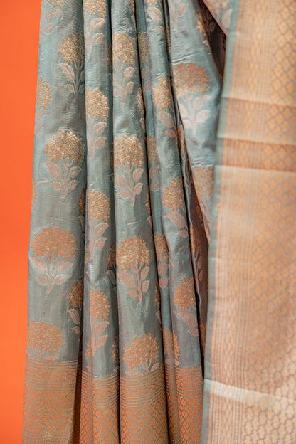 Ice Blue Pure Katan Banarasi Silk Saree with Bird Motif & Traditional Border