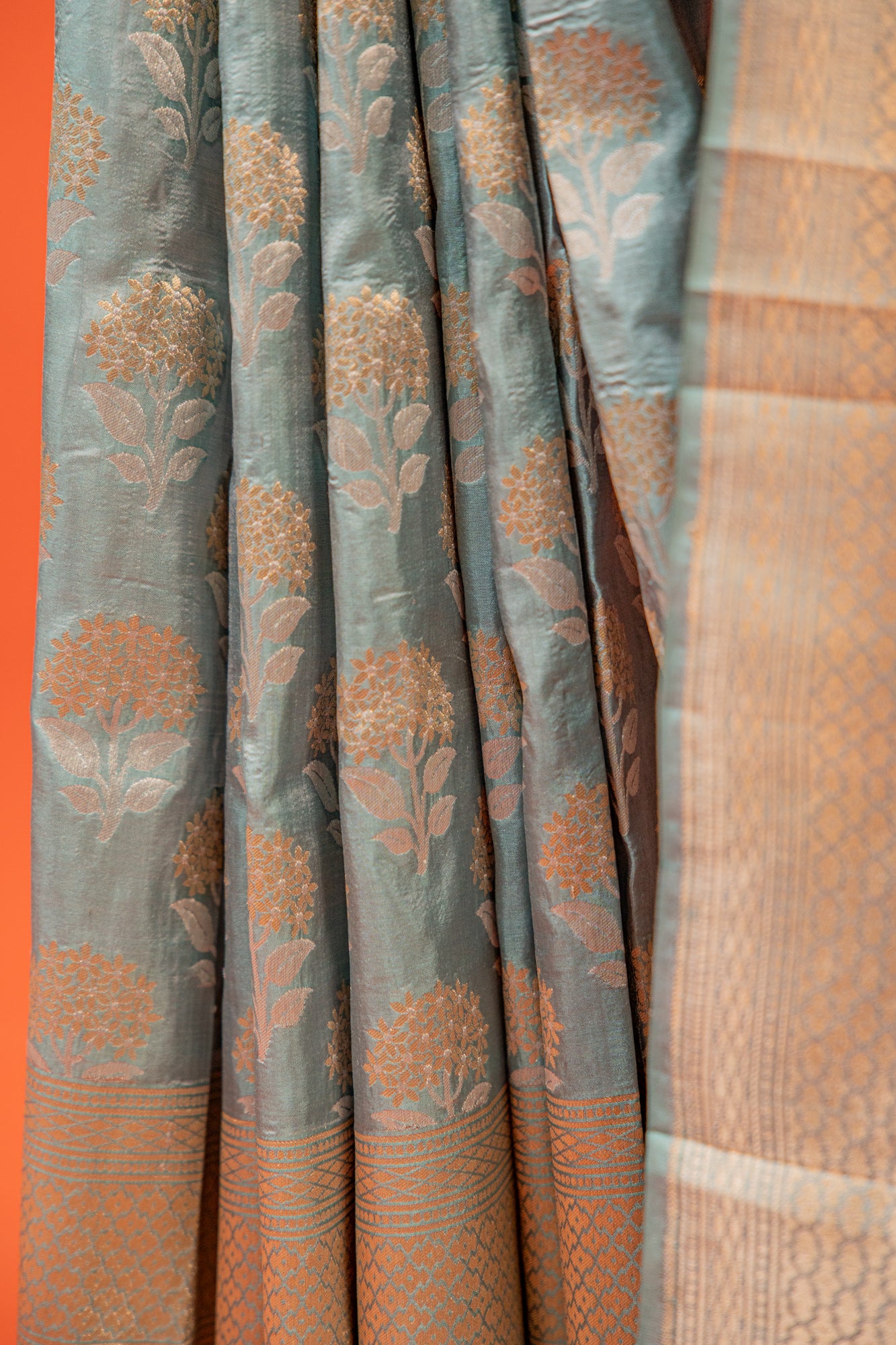 Ice Blue Pure Katan Banarasi Silk Saree with Bird Motif & Traditional Border